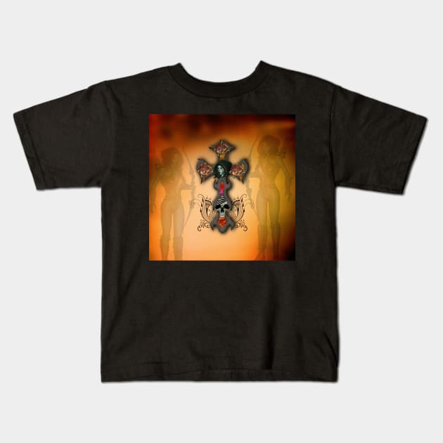 Fantasy cross with skull and roses Kids T-Shirt by Nicky2342